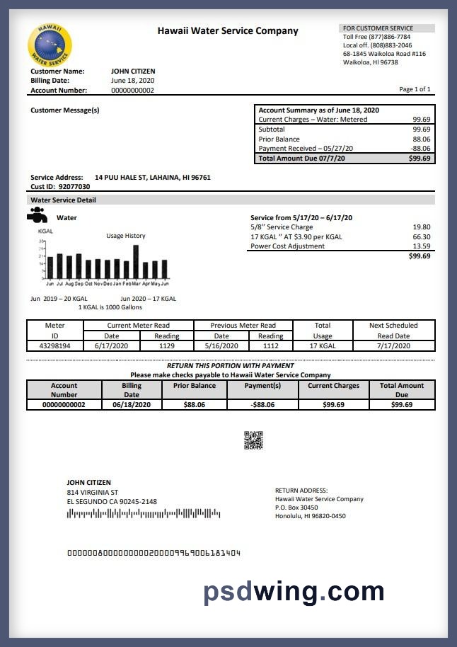 USA Hawaii Water Service Company Utility Bill